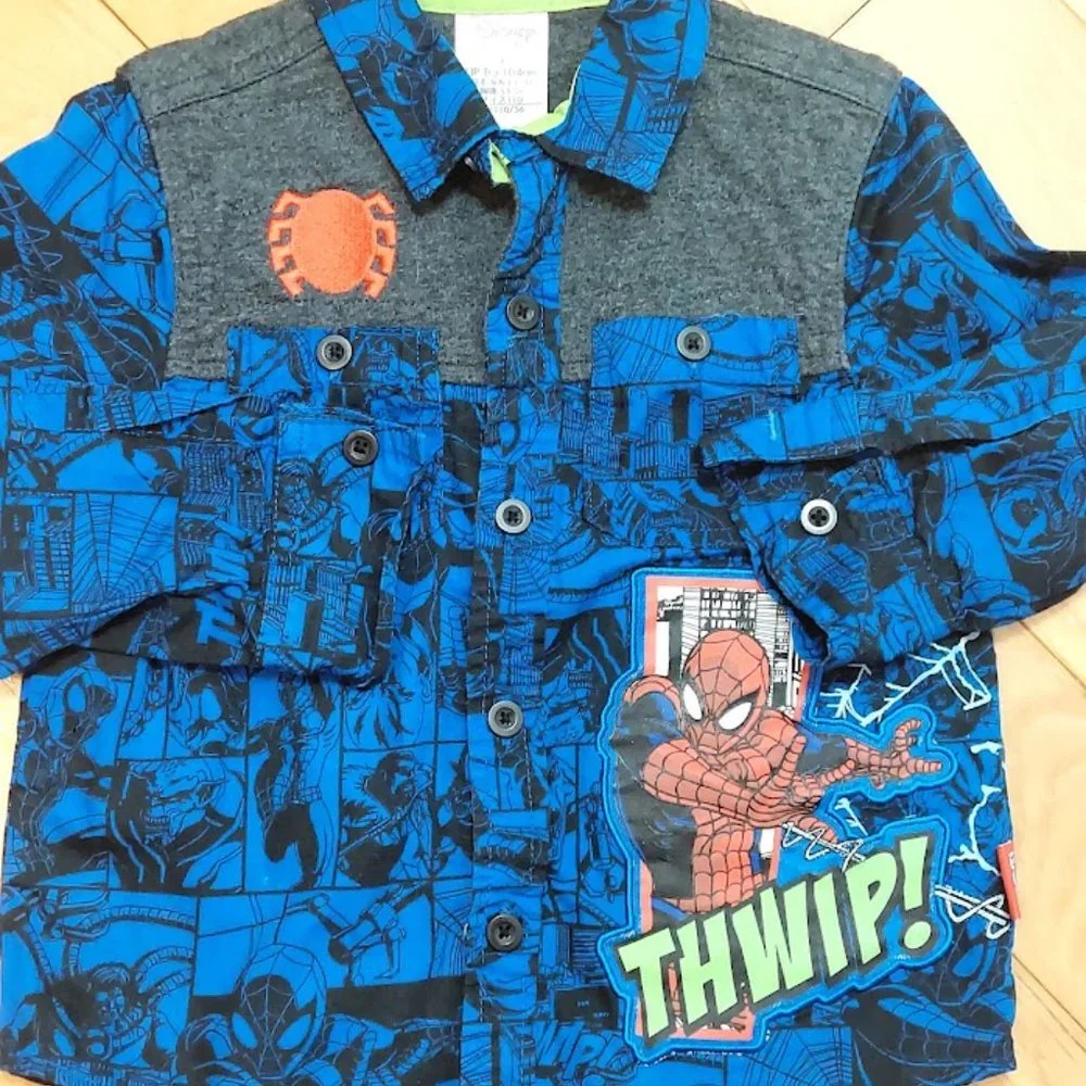 DISNEY STORE MARVEL Boys 4 LONG SLEEVED SHIRT SPIDERMAN Embroidered‎ BLUE Button